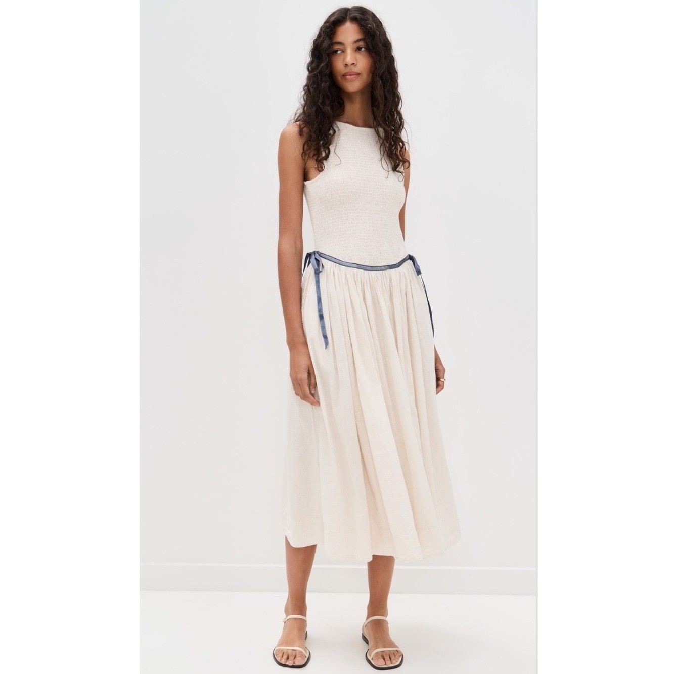 Free People Nightingale Smocked Seersucker Midi Dress in Tea Navy Combo New!