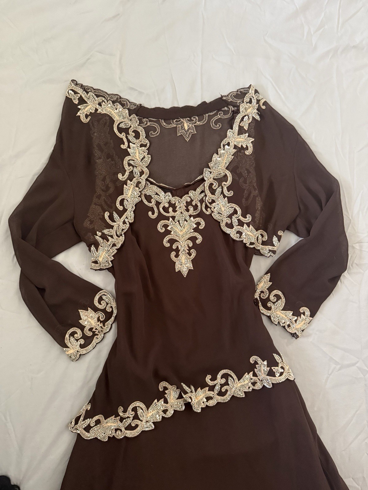 Vintage J Kara Brown A-Line Dress With Gold Beaded Embroidery & Matching Bolero