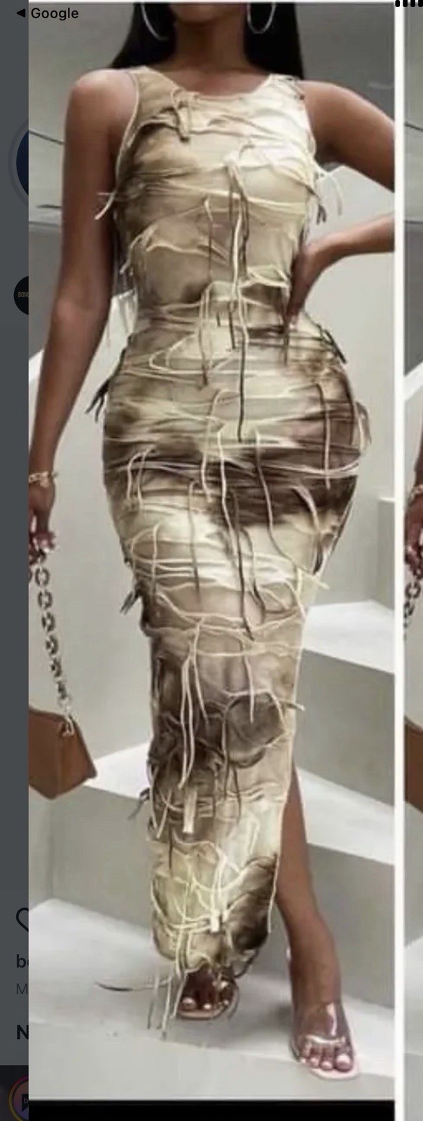 MICAS Brown/Beige Tie Dye Mesh Fringe Bodycon Maxi Dress Round Neck XL