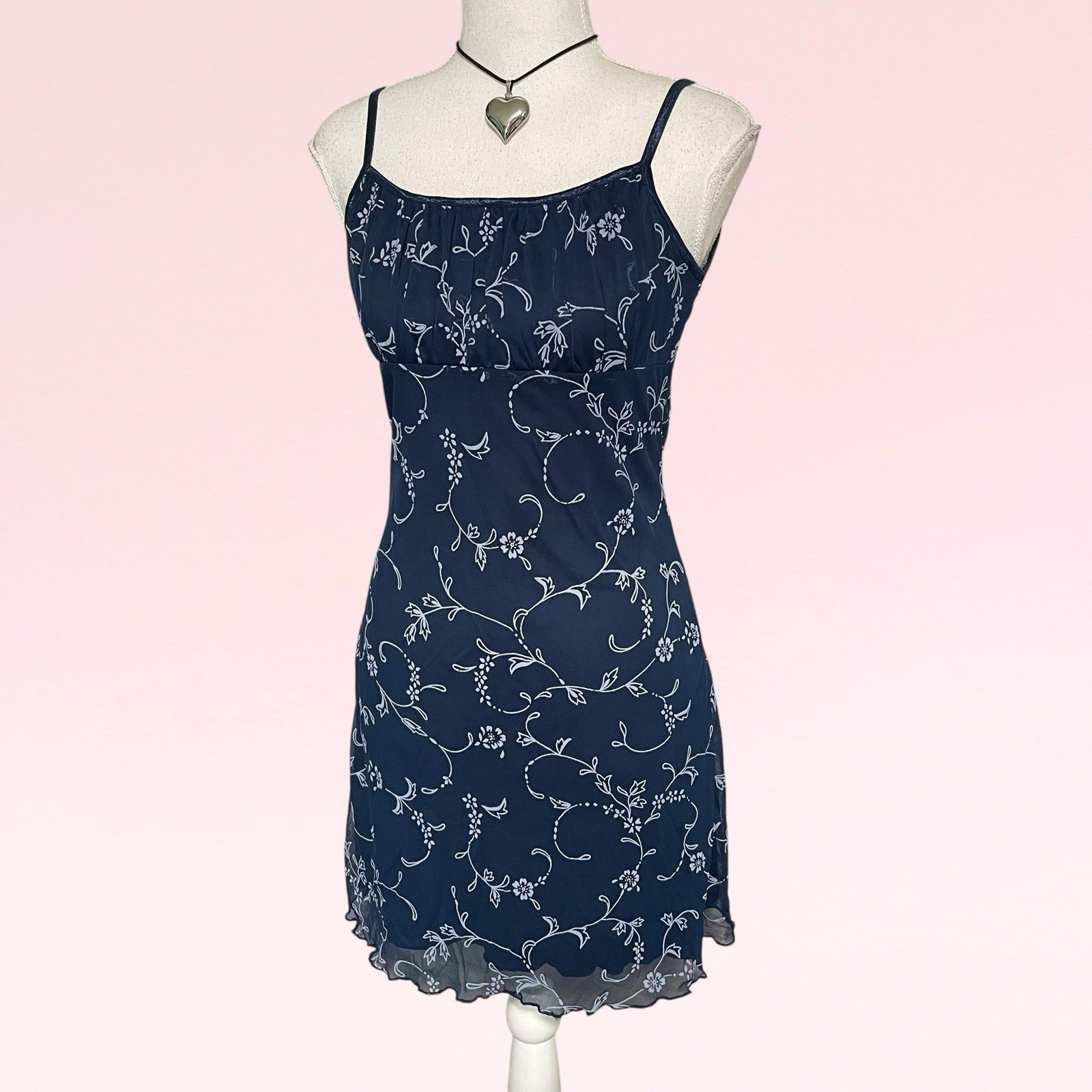 vintage y2k whimsy goth floral milkmaid navy blue mesh grunge slip party dress M