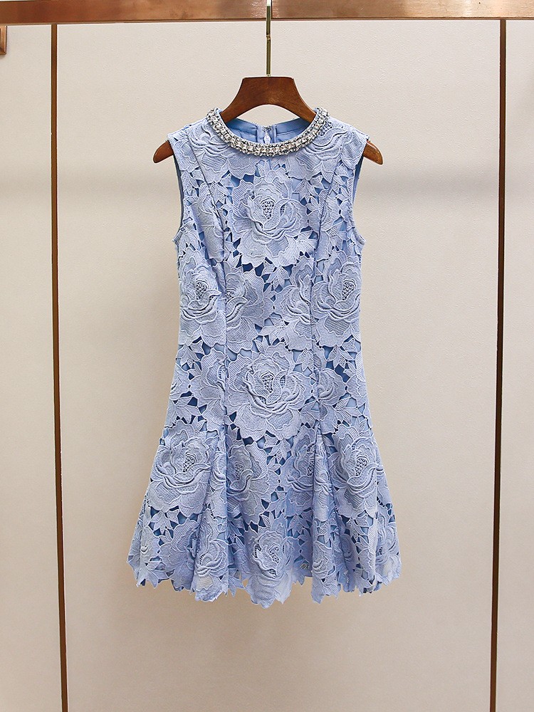 Self-Portrait Womens New Elegant Diamond Round Neck Lace Flower Sleeveless Dress