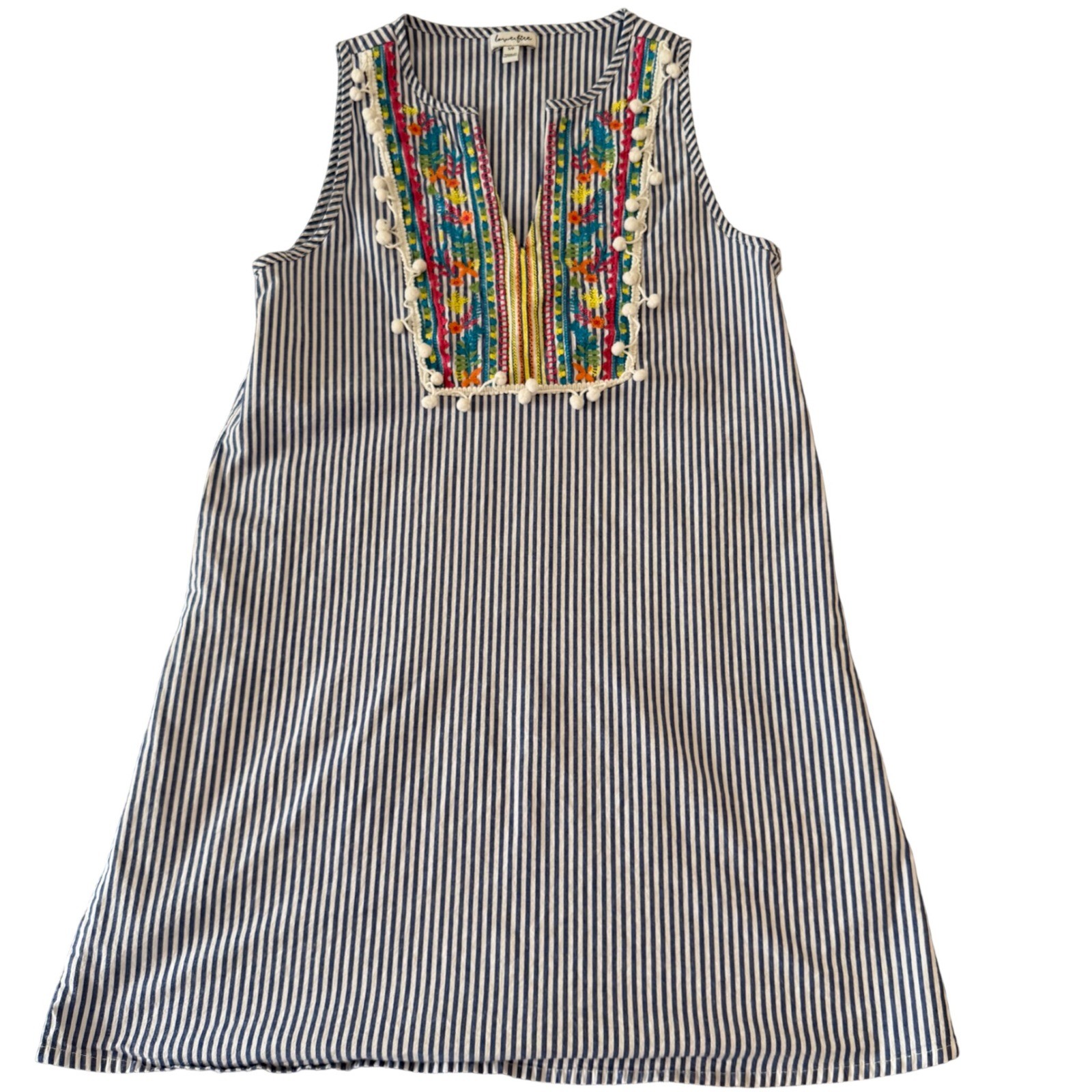 Love Fire Womens Small Blue White Striped Embroidered Pom Pom Shift Dress S/P
