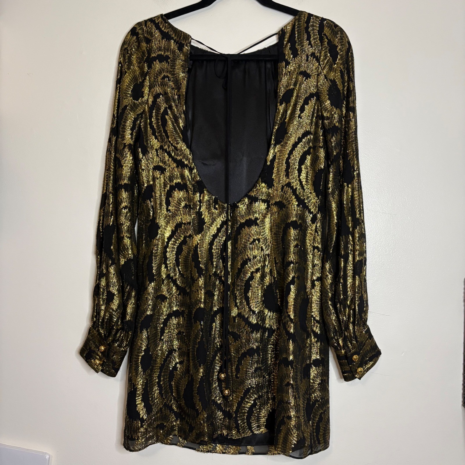 Milly New York Black Gold Metallic Silk Long Sleeve Dress with Tie Back Size 6