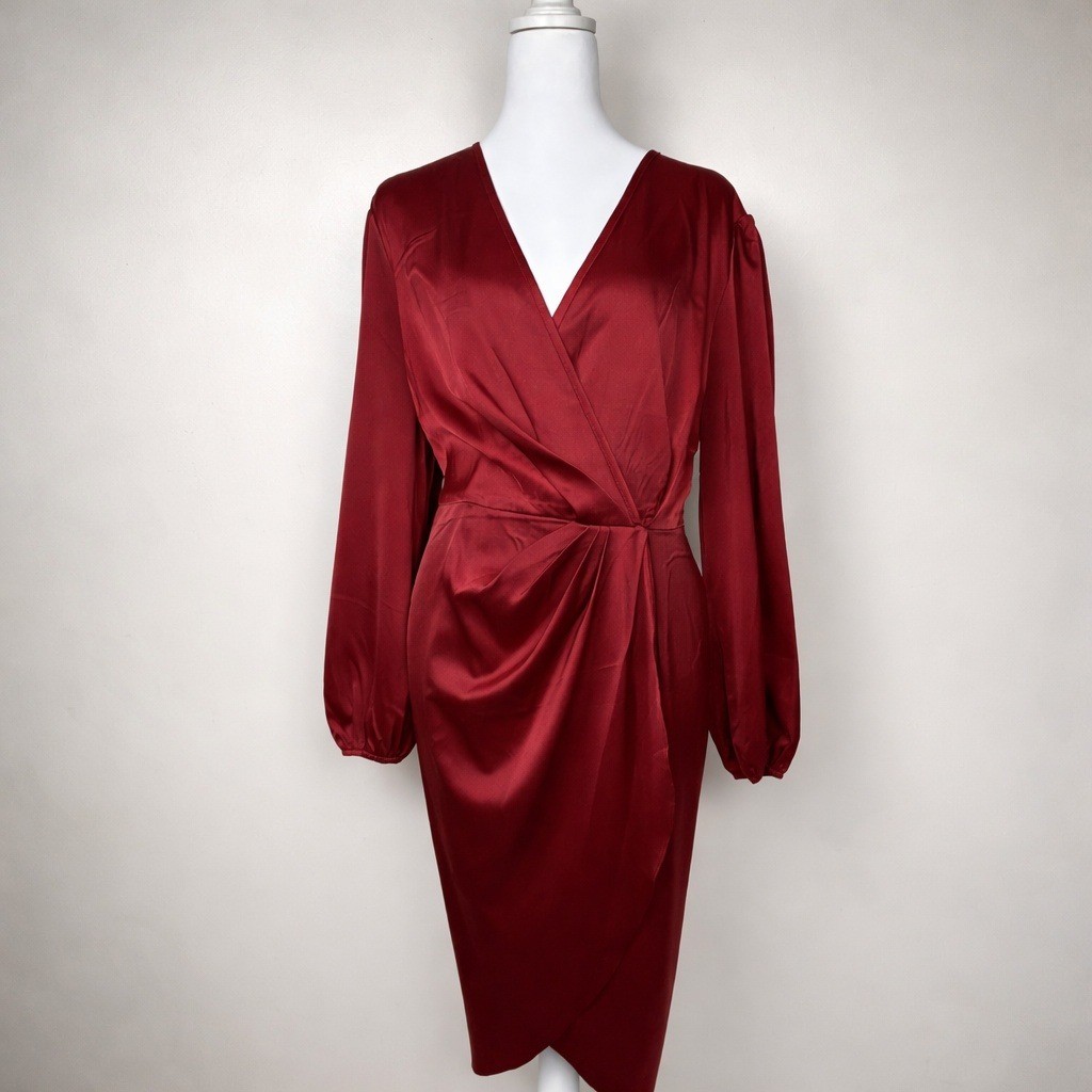 Women’s 3XL Red Satin Faux Wrap Dress Long Sleeve Slit Elastic Waist