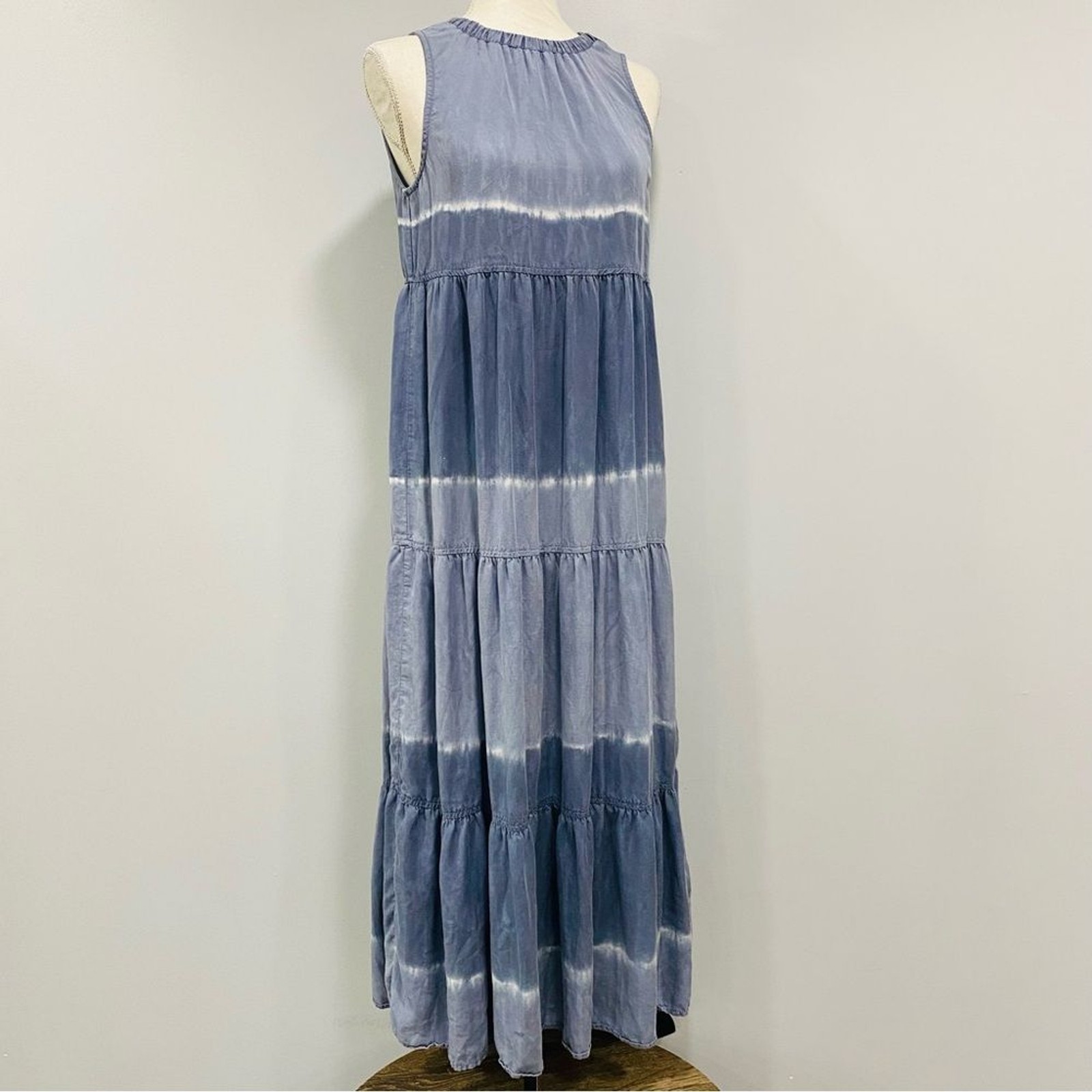 BELLA DAHL XS Blue Sleeveless Tiered Midi Dress Ombre Stripe Watercolor Fairy