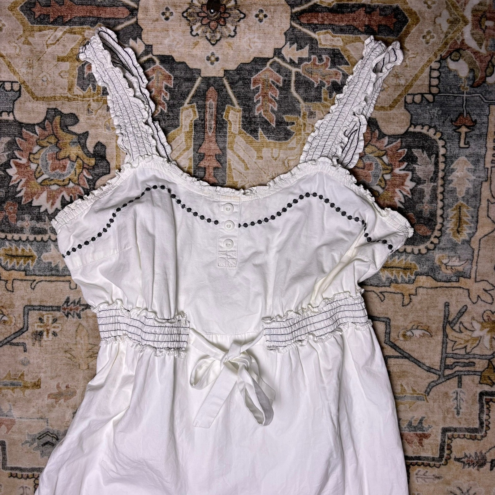 Anthropologie Aryeh White Cotton Embroidered Fish Sundress Top Smocked Waist M/L