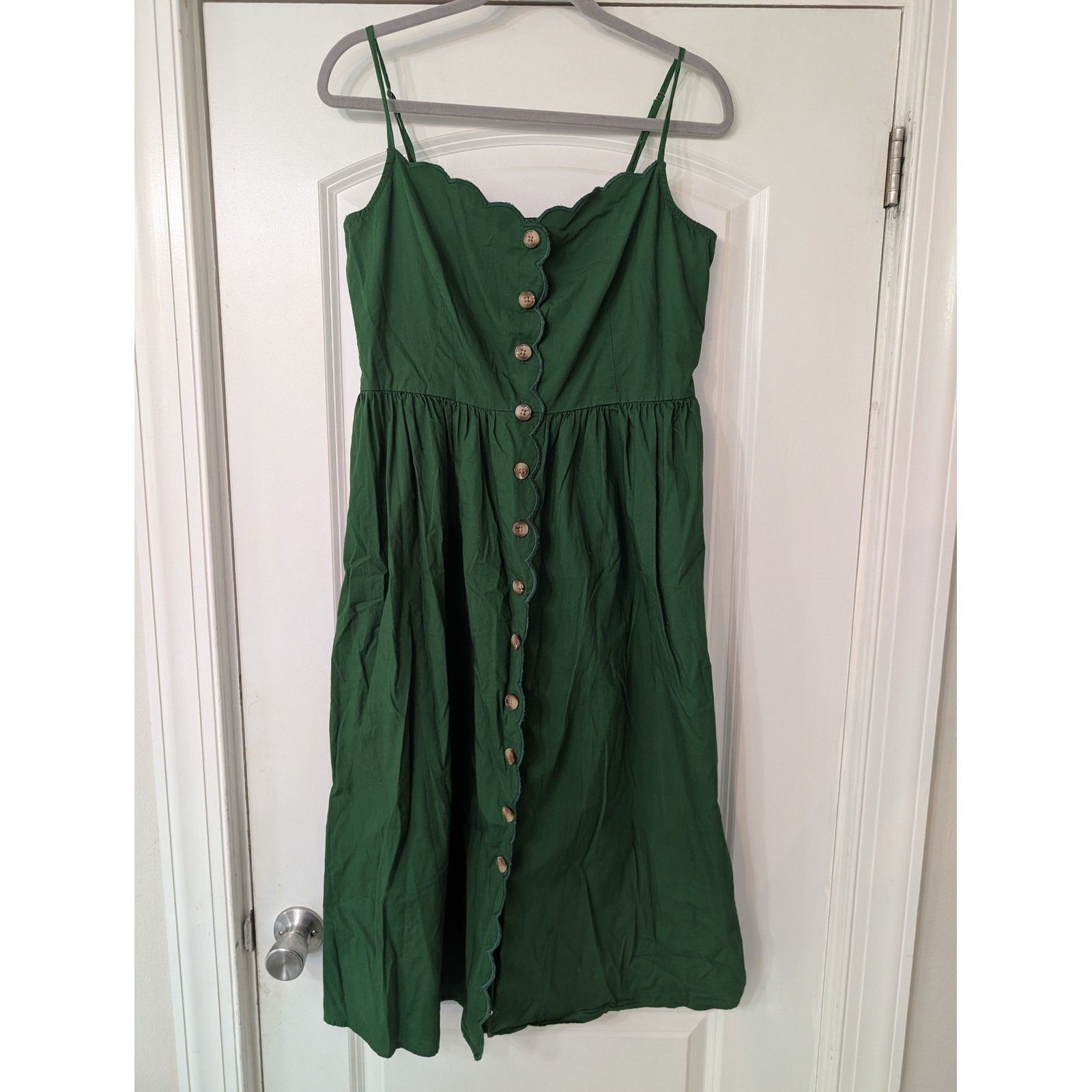 J.Crew Scallop-trim button-front midi dress Green Cotton Smocked Back Size 12