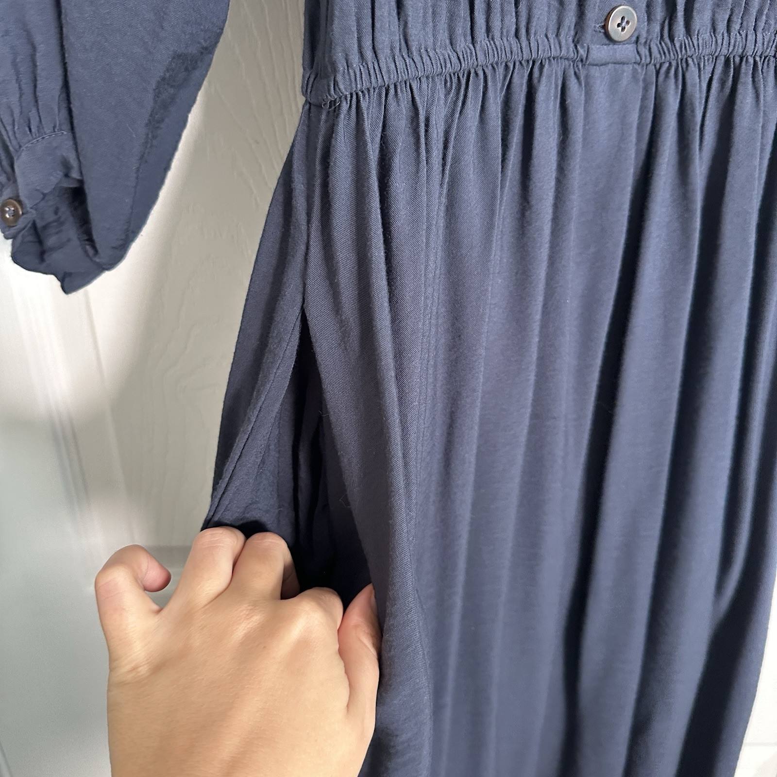 Madewell Blue Solid Scoop Neck A-Line Midi Dress 3/4 Balloon Sleeve Pockets