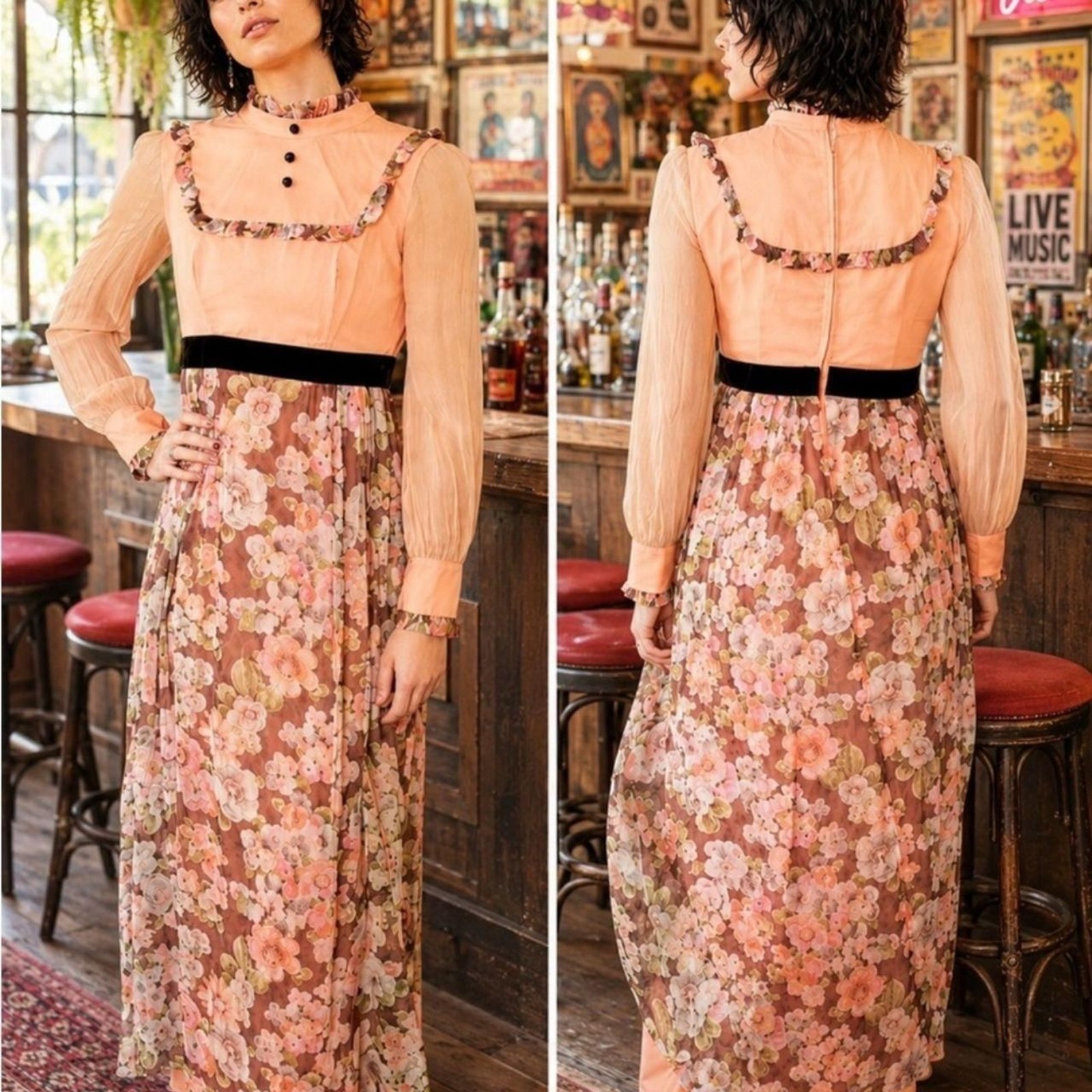 Vintage 70s Hippie Victorian Inspo Floral Maxi Dress XS/S