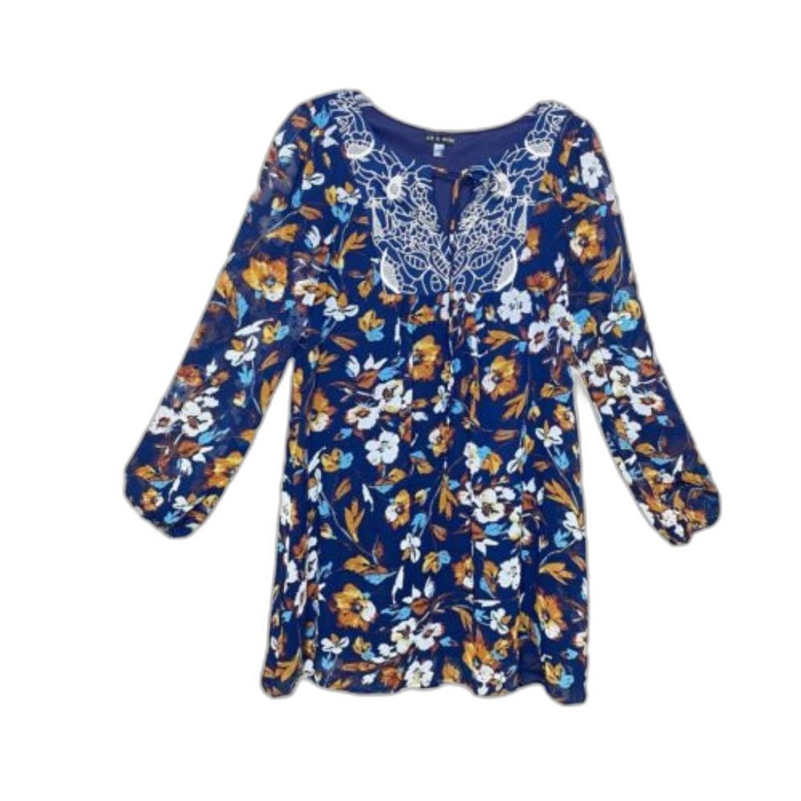 As U Wish Floral Boho Dress XS Blue Bell Sleeve Prairie Western Ruffle Hippie