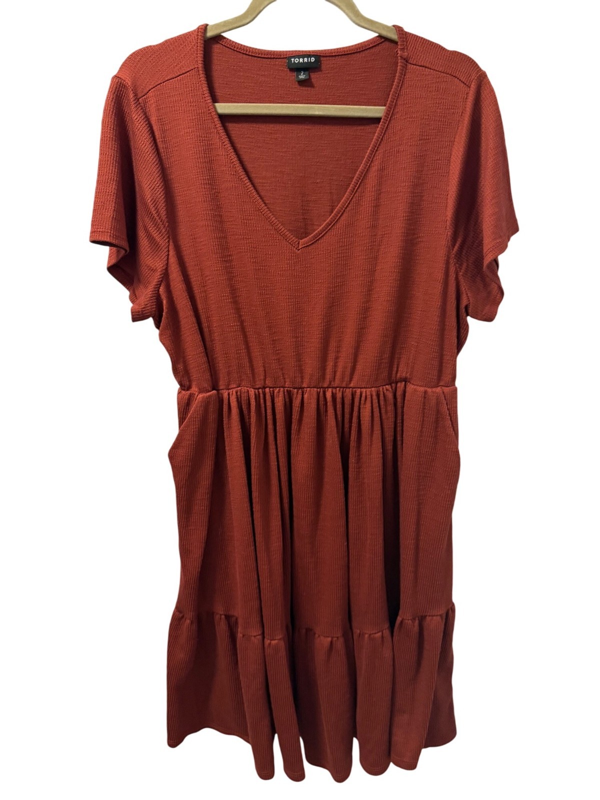 Torrid Rust Orange Ribbed V-Neck Dress Size 2X Short Sleeve Casual Dress