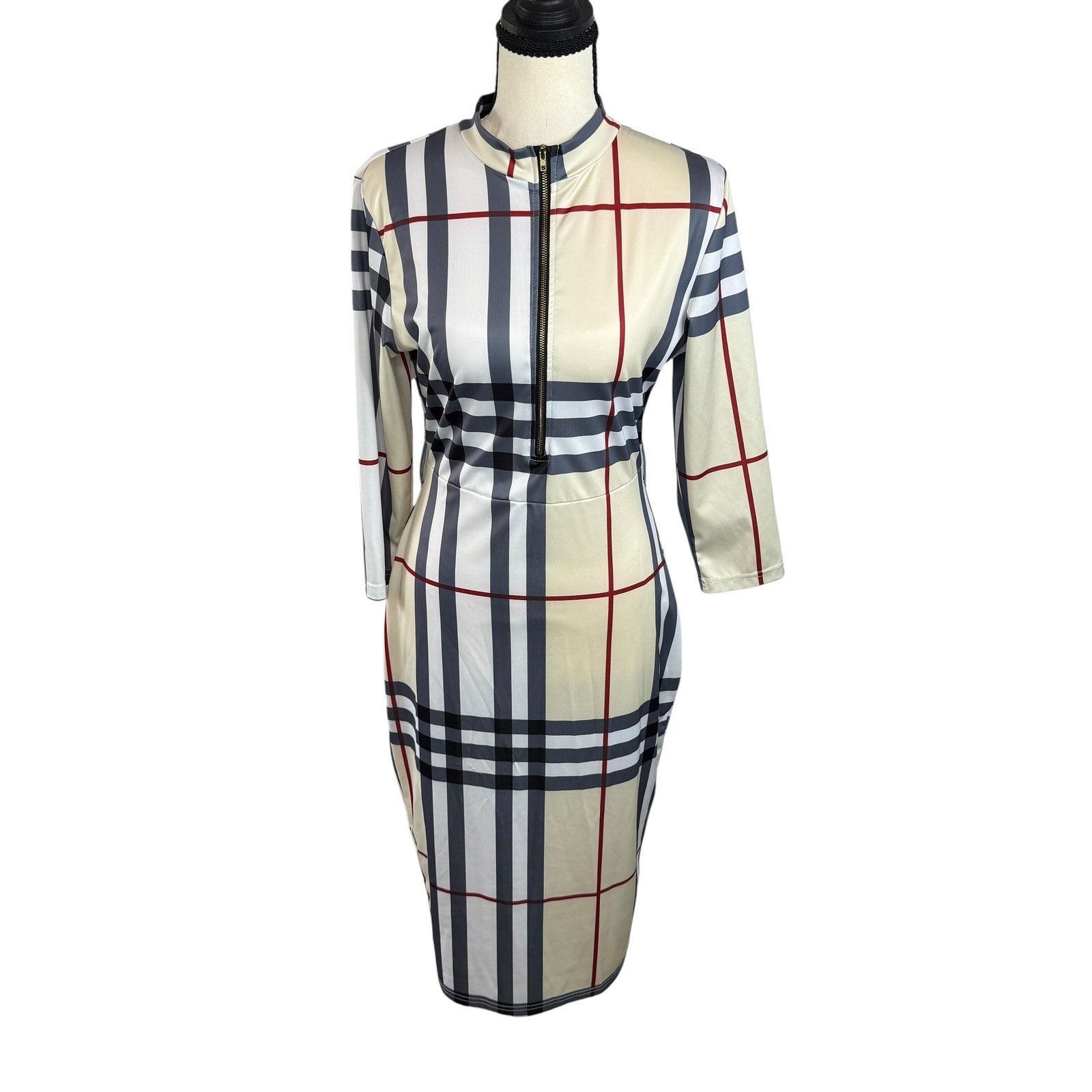 Women’s Plaid Bodycon Midi Dress Mock Neck Quarter Zip Stretch 3/4 Sleeve L