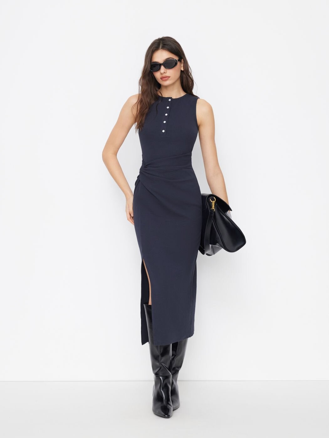 Women’s Henley Button Sleeveless Bodycon Maxi Dress Side Split Tank Dress
