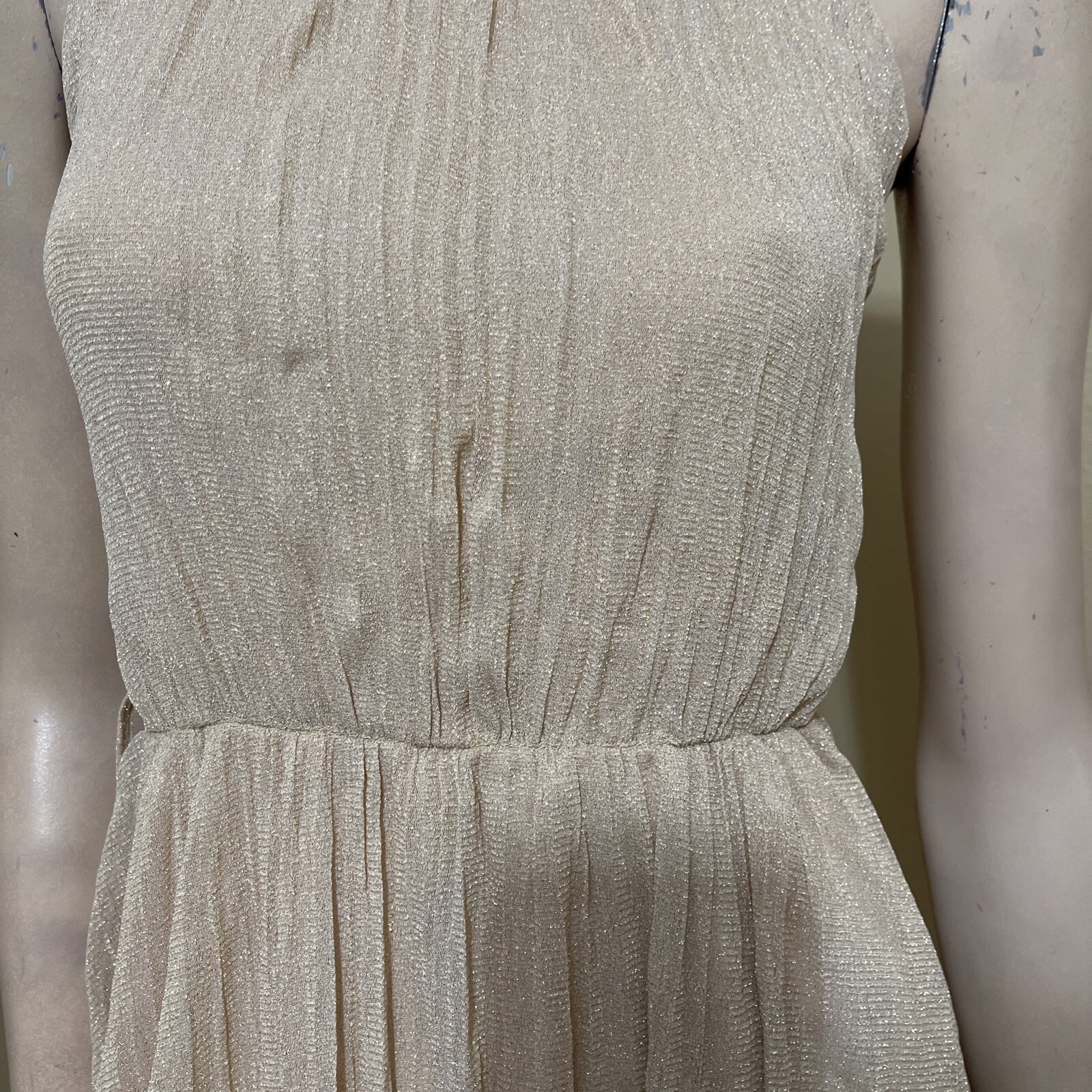 Women’s Beige Polyester Cocktail Layered Pleated Open On Tie Midi Size S Dress