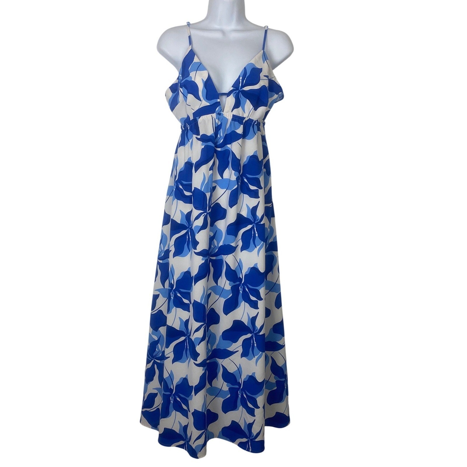A New Day Maxi Dress Women Small Blue White Floral Recycled Polyester Pockets