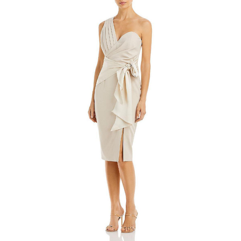 Lavish Alice Pleated Womens One Shoulder Midi Dress in Stone Size 2