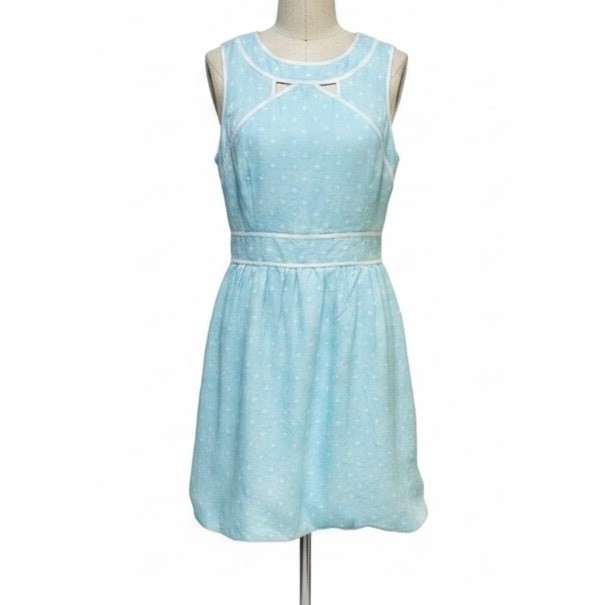Kaari Blue Polka Dot Fit Flare Dress Light Blue White Linen Blend Size 8
