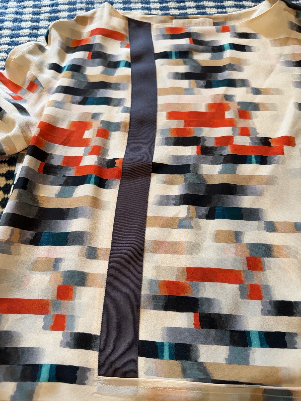 Vintage Cacharel Pixel-Print Long Sleeve Shift Dress in Ivory, Red & Navy Sz 12