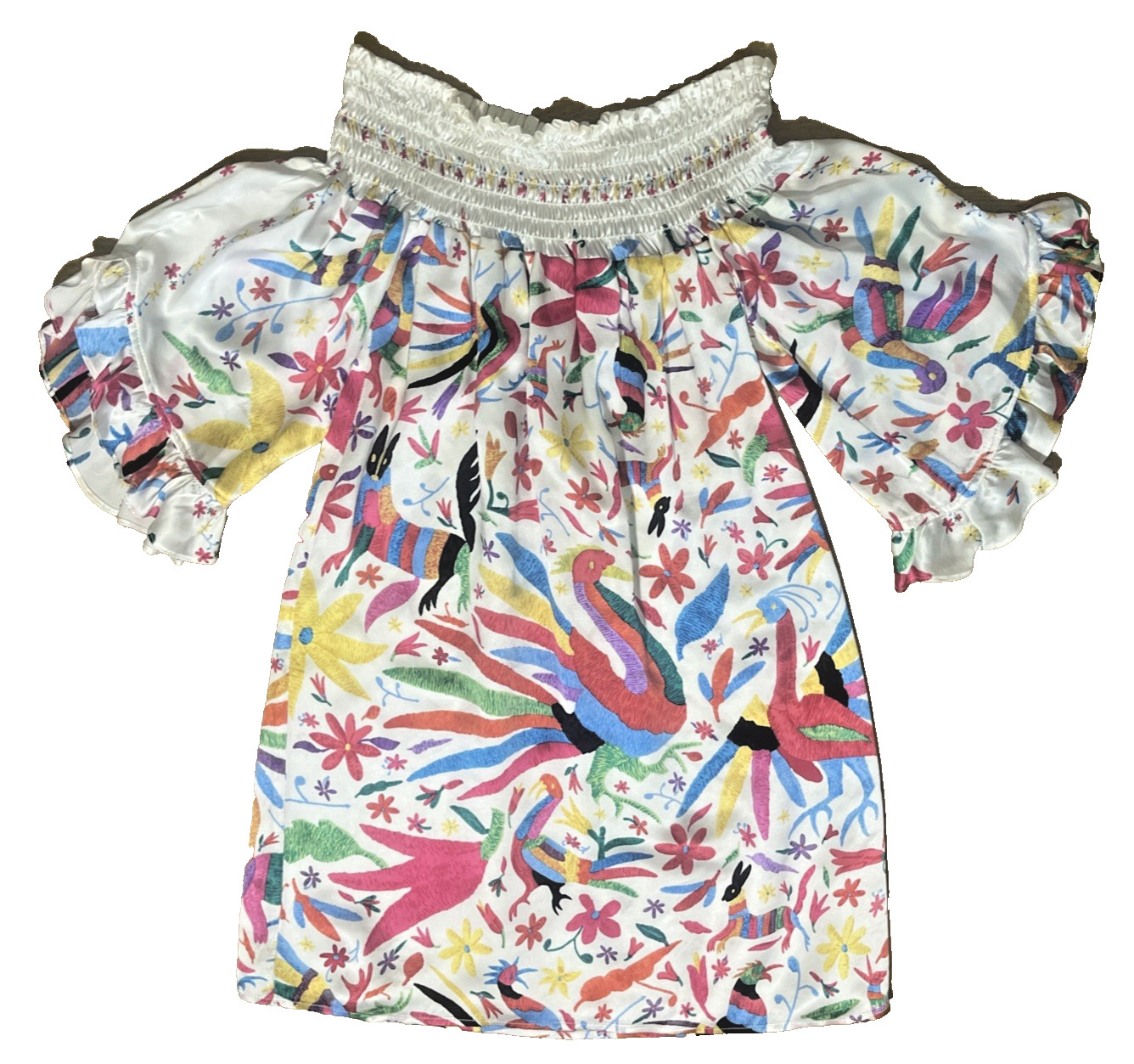 Vintage Voom Silk Dress Off the Shoulder Women’s M Colorful Bird Rabbit