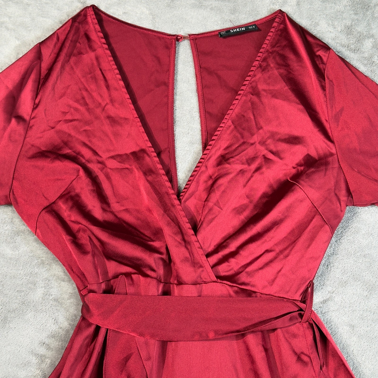 SHEIN Burgundy Wrap Style Mini Dress M Bell Sleeve Ruffle Hem Tie Waist