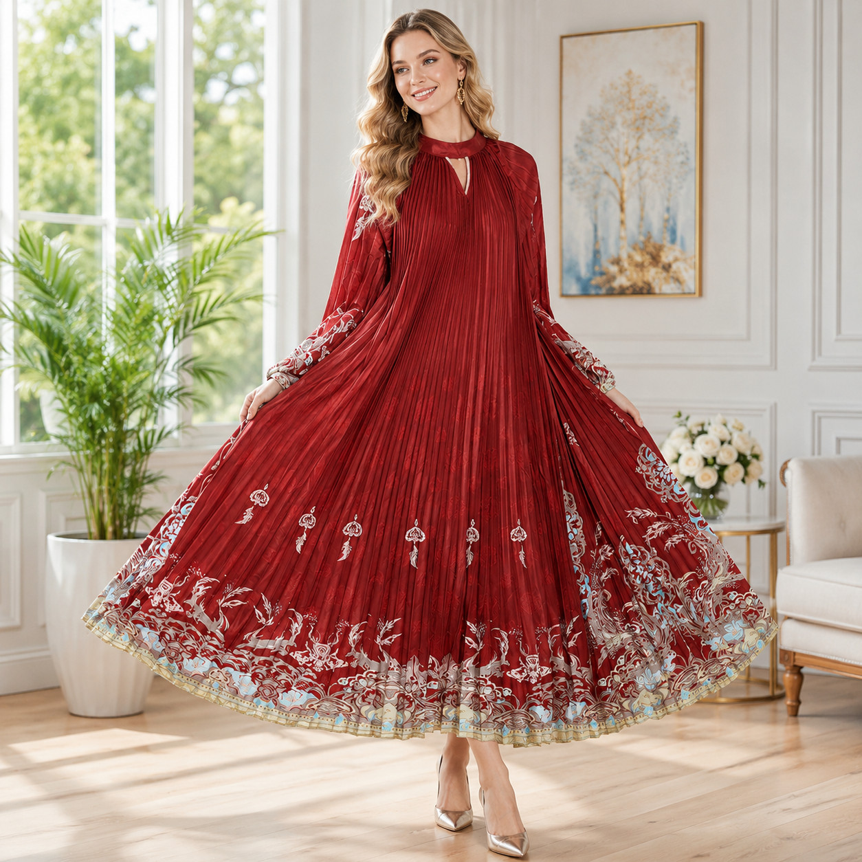 Pleated Tassel Belt Maxi Dress – Boho Vintage Print Long Sleeve Dress for Women