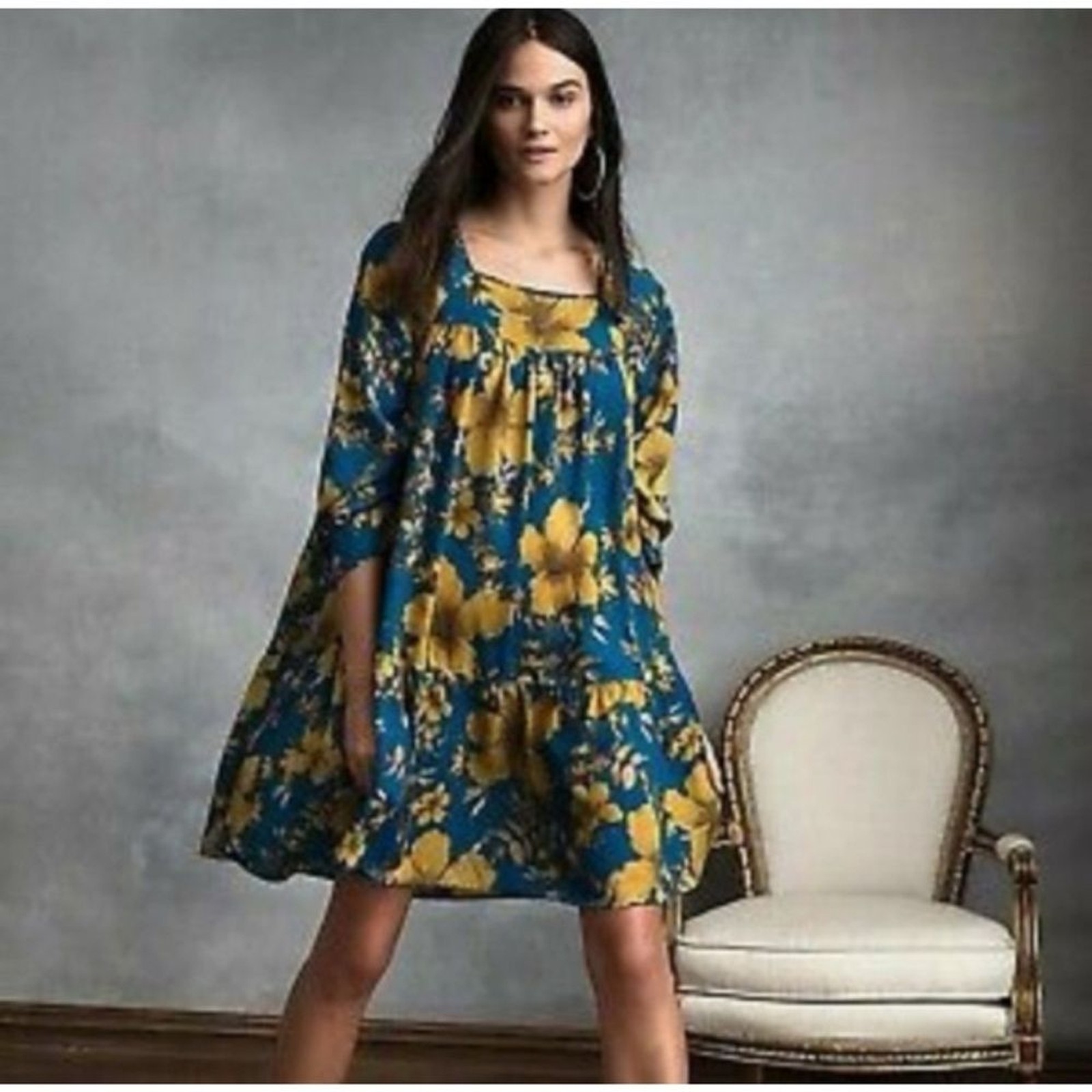 Happy X Nature Women’s Long Sleeve Floral Dress in Blue and Yellow Size S