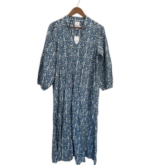 RAGA Blue White Block Print Midi Dress R5086 Long Balloon Sleeve Split Neck S