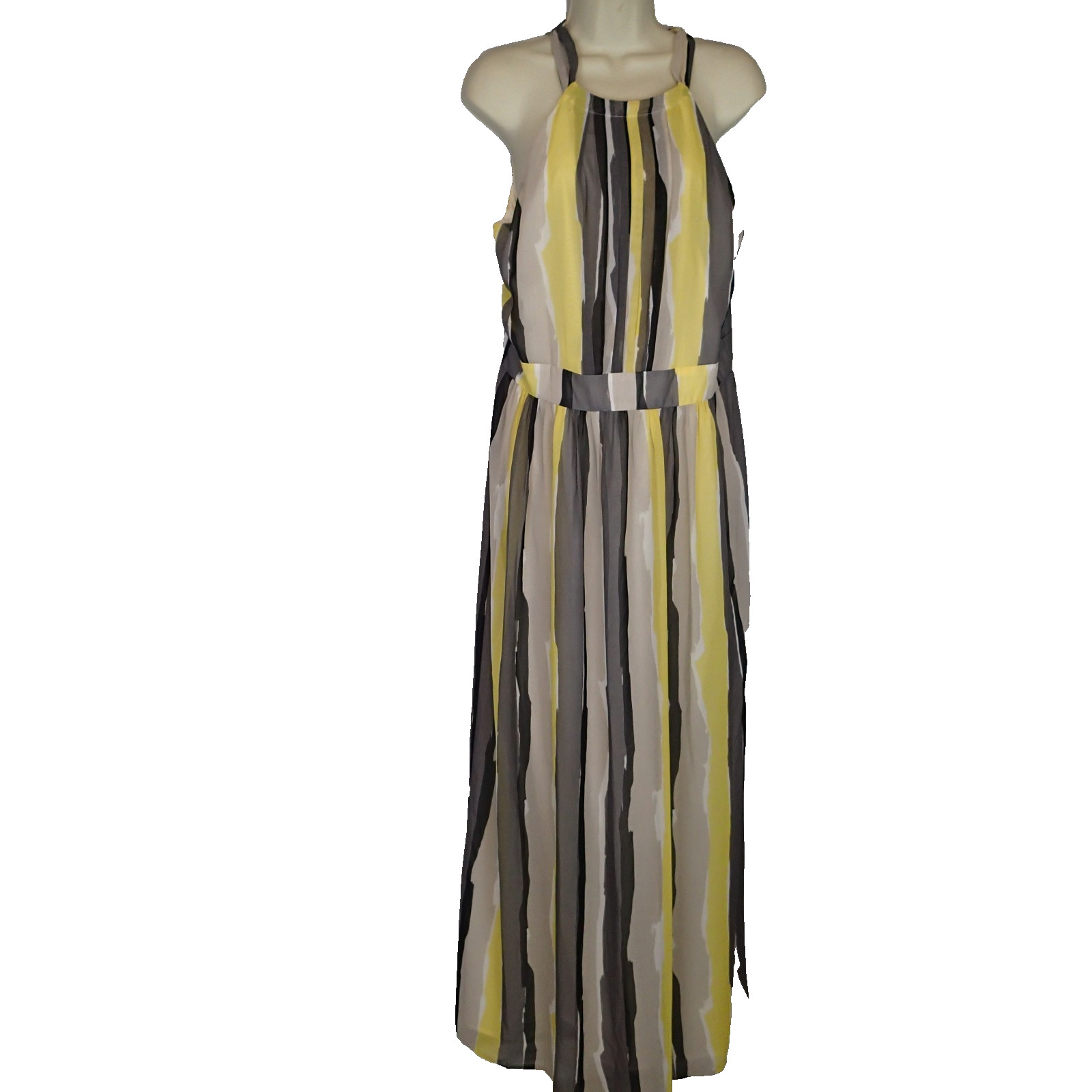 Anne Klein Halter Neck Stripe Chiffon Maxi Dress Sz 12 Yellow Gray White