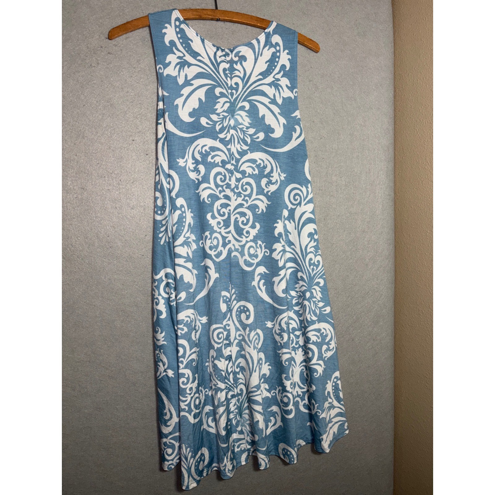 Coastal Damask Scroll Print Sleeveless Swing Dress with Pockets S Beach Festival