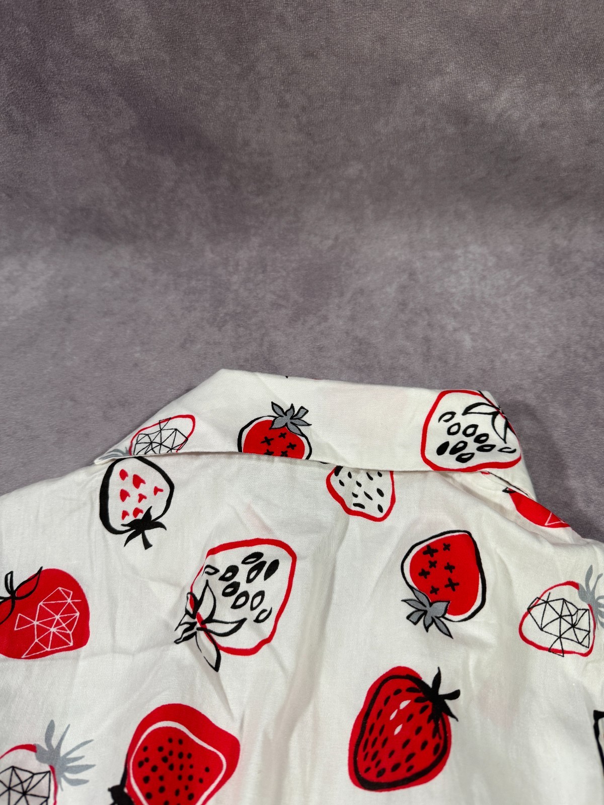 Unique Vintage MEDIUM White Strawberry Dress Retro Collared Tie Button