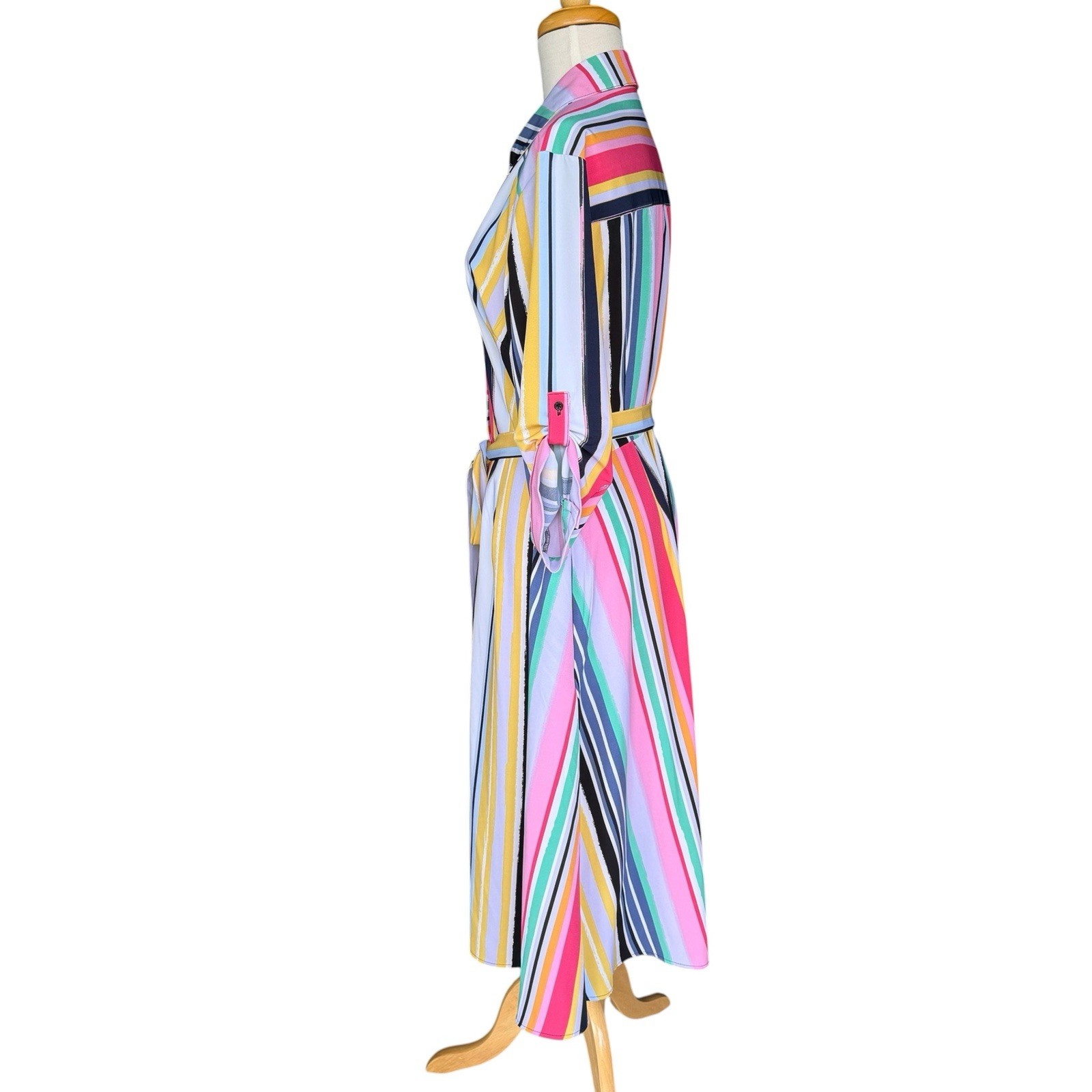 NY & Co Multicolor Striped Midi Shirt Dress Roll Tab Sleeve Belted Women’s Large
