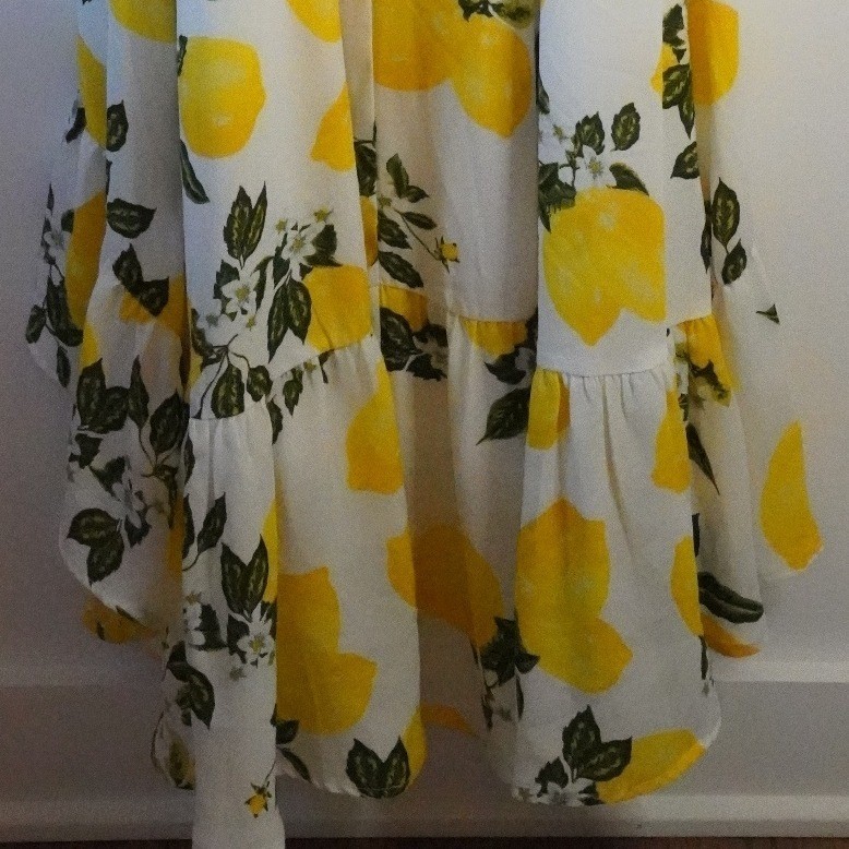 NWT, Lulus, Afternoon Air Yellow Lemon Print High-Low Ruffle Midi Dress Size M