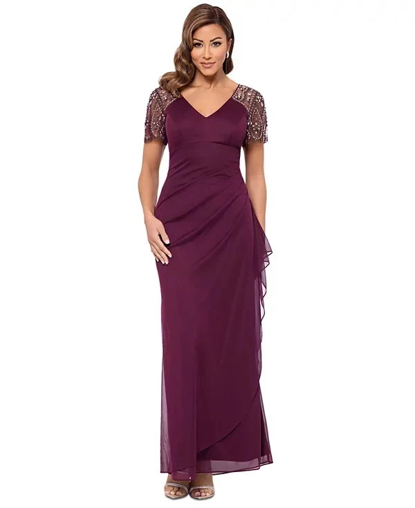 Xscape Neo Wine Burgundy Beaded Sleeve Ruched Column Gown Size 14 $208
