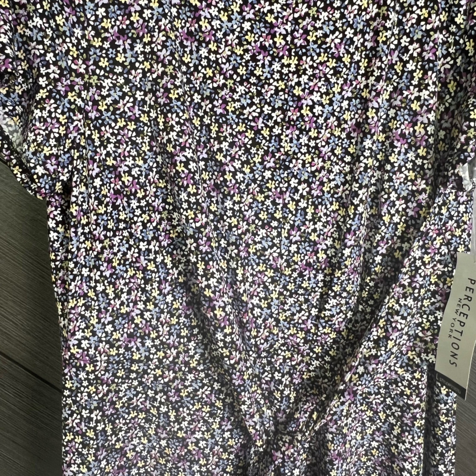 Perceptions New York Women Floral Tie Front Midi Dress Purple Short Sleeve NWT L