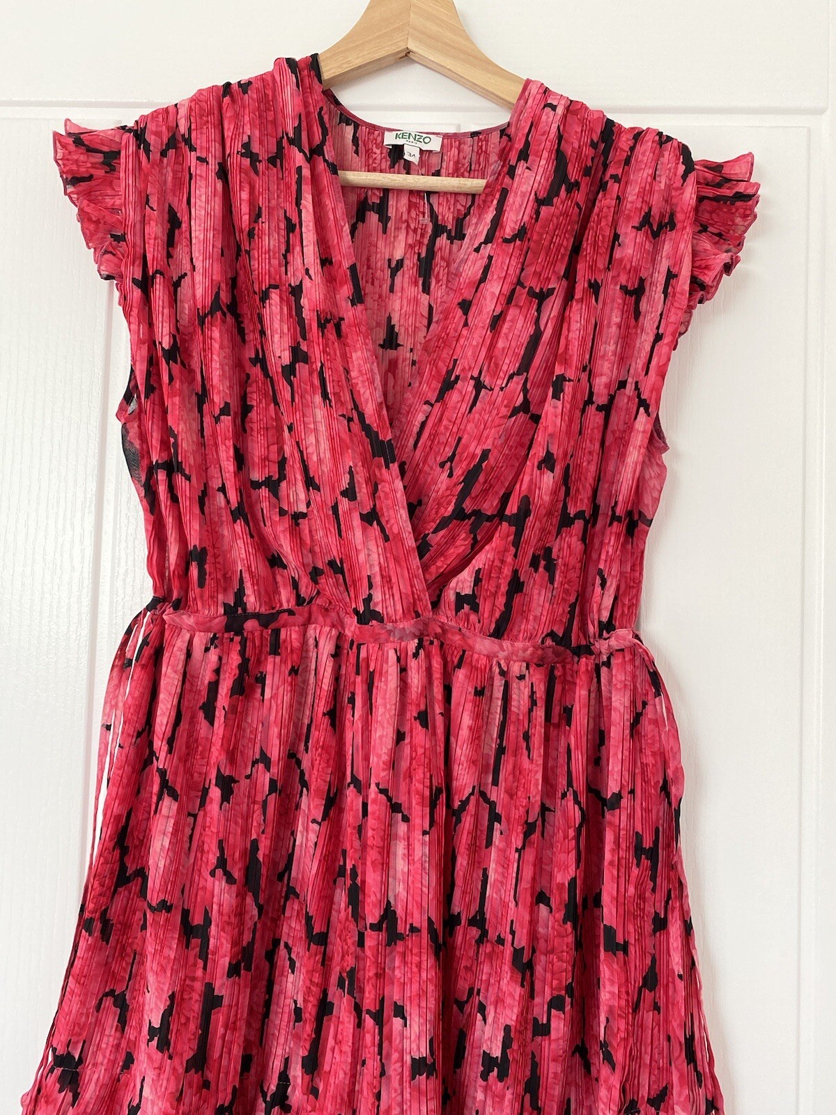 Kenzo Pink Pleated Ruffle Drawstring V Neck Mini Dress 34 S 8 Floral Frill Pleat