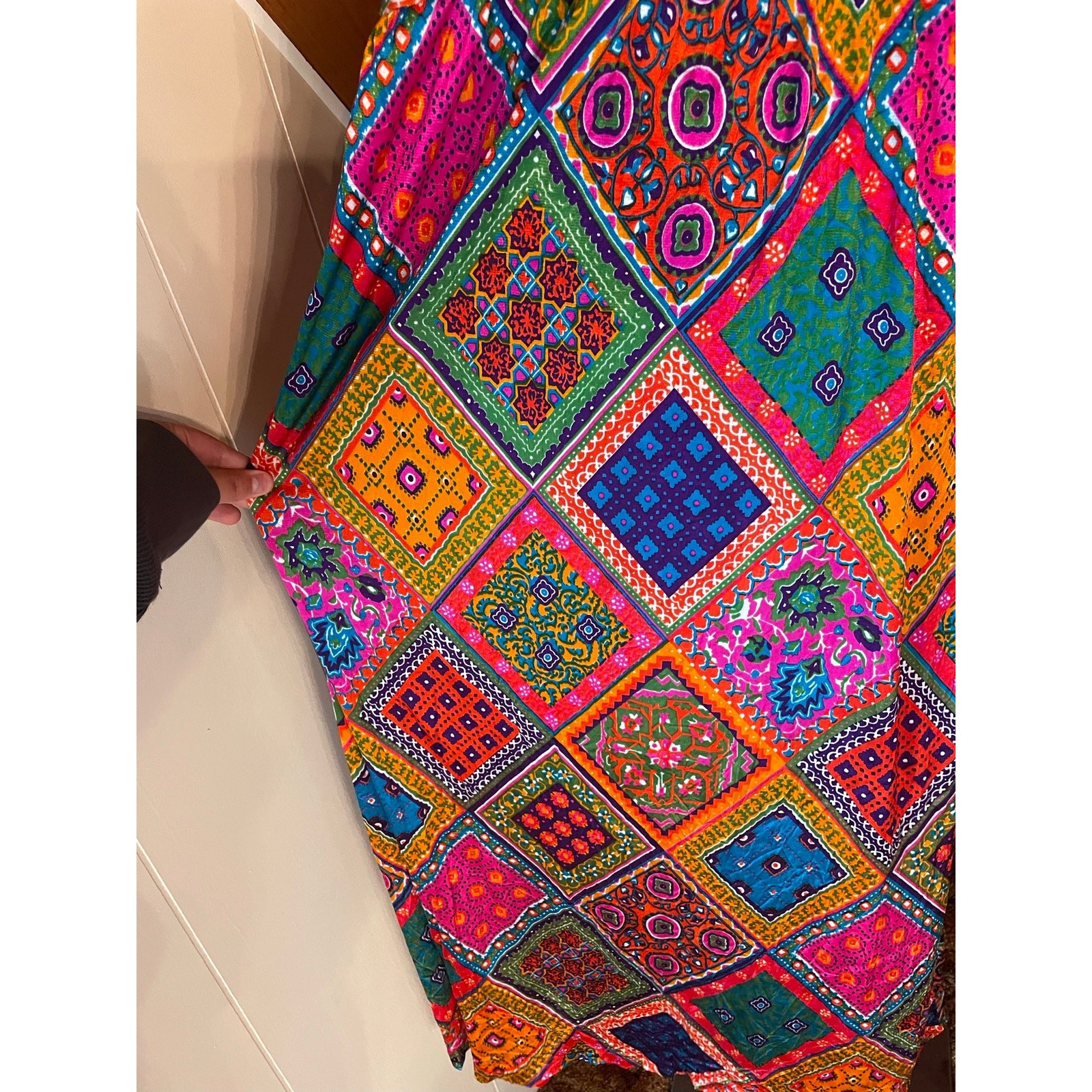 Vintage 70s Neon Rainbow Patchwork Maxi Dress sz S