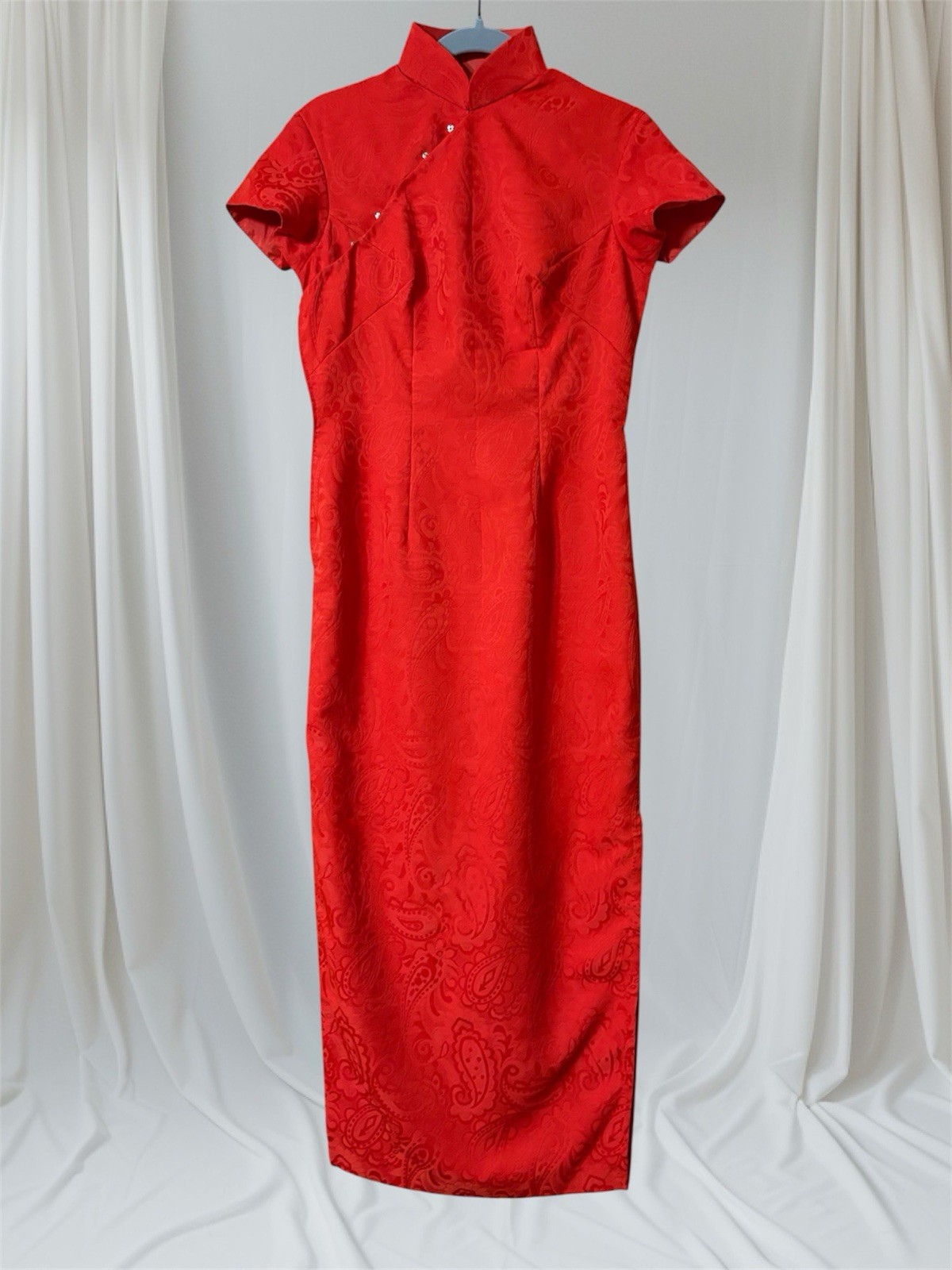 VTG Red Paisley Print Chinese Qipao Dress Cheongsam Maxi 70s Women’s S