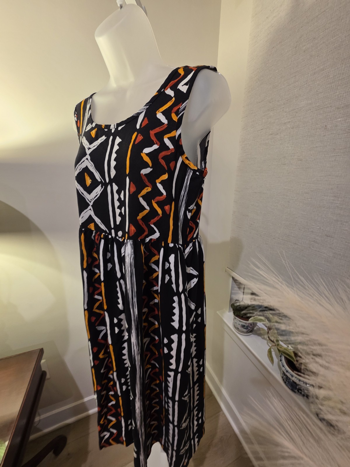 Midi Sun Dress Black Orange White Geometric Print Sleeveless M VTG