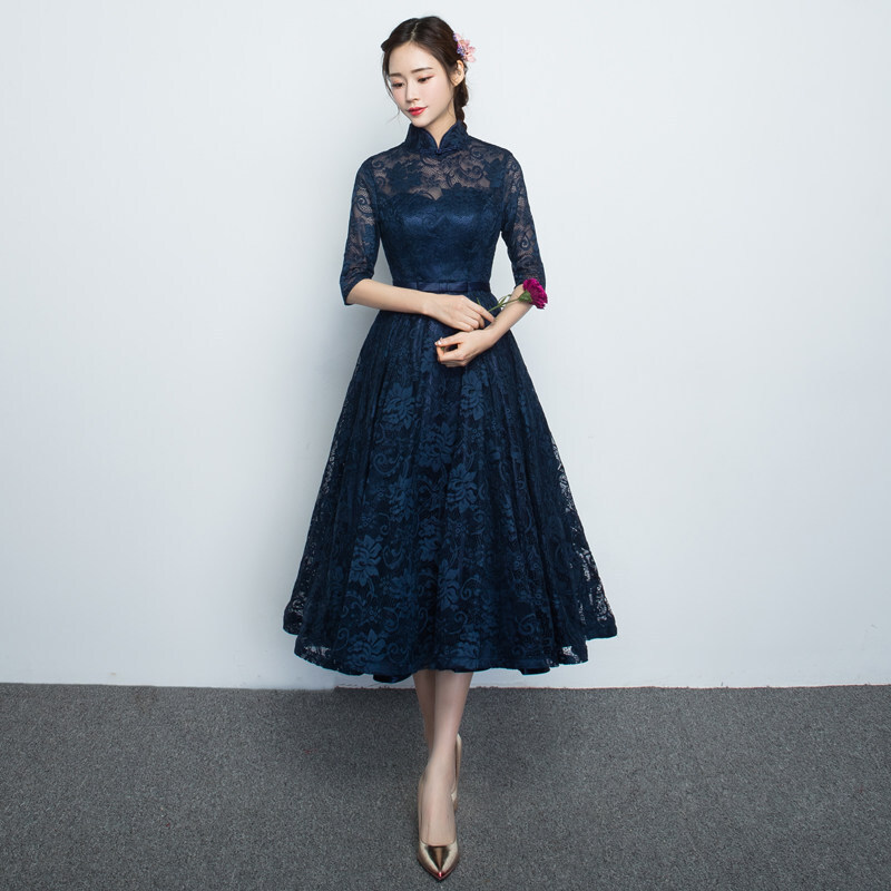 Women Cheongsam Classical Lace Dress Chinese Fairy Embroidered Qipao Long Dress