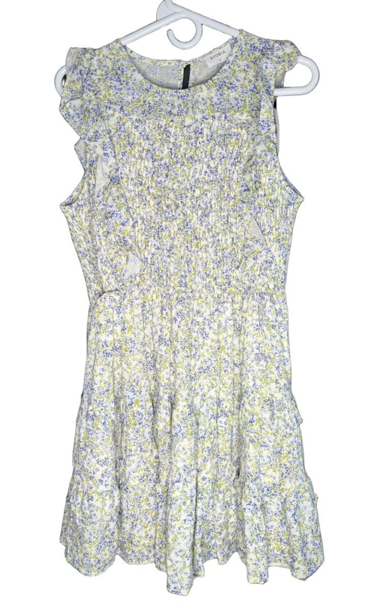 Storia Women Magnifique Angela Floral Green Purple Smocked Dress Size Medium