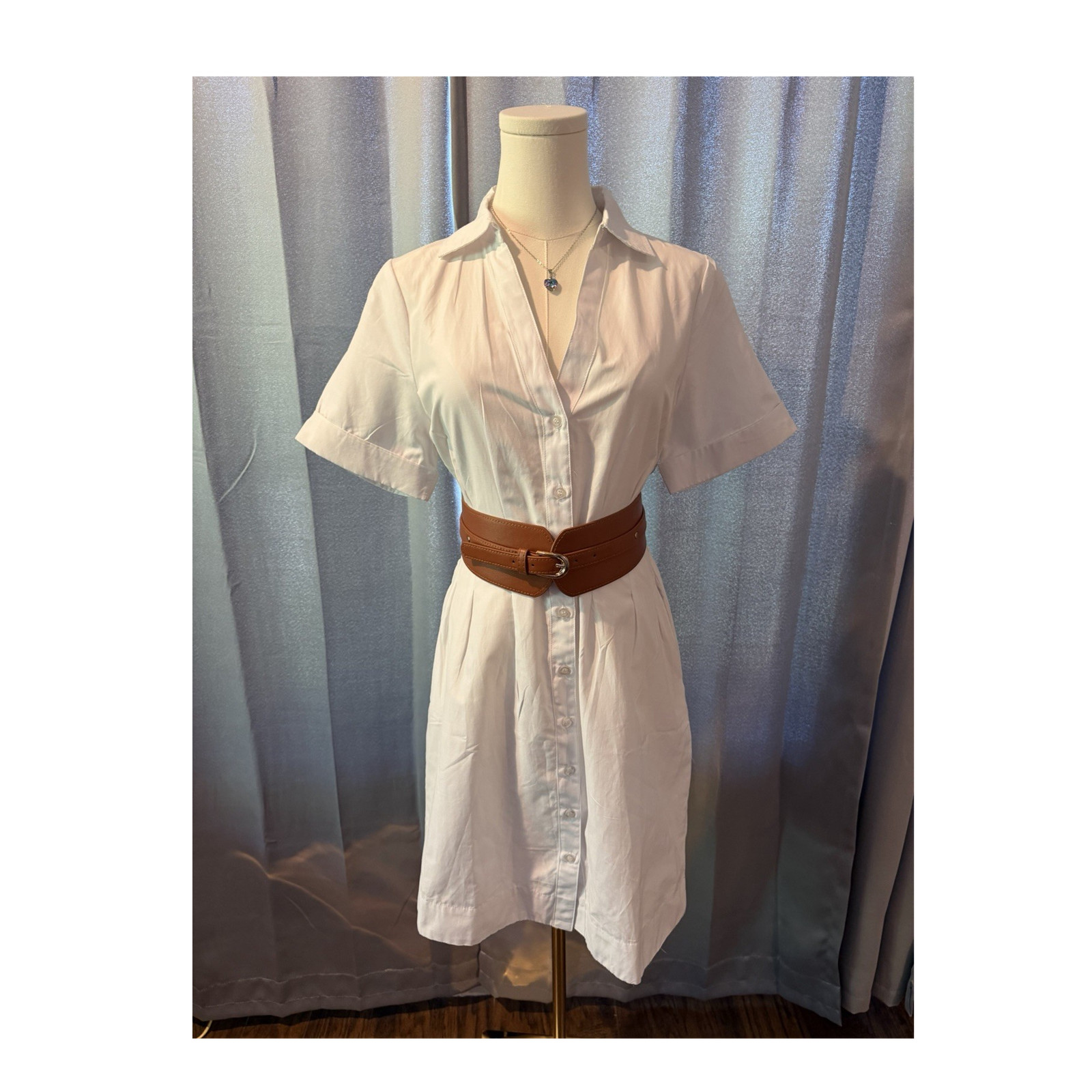 Emily Daniels White Cotton Shirt Dress Short Sleeve Collared Button Belt M