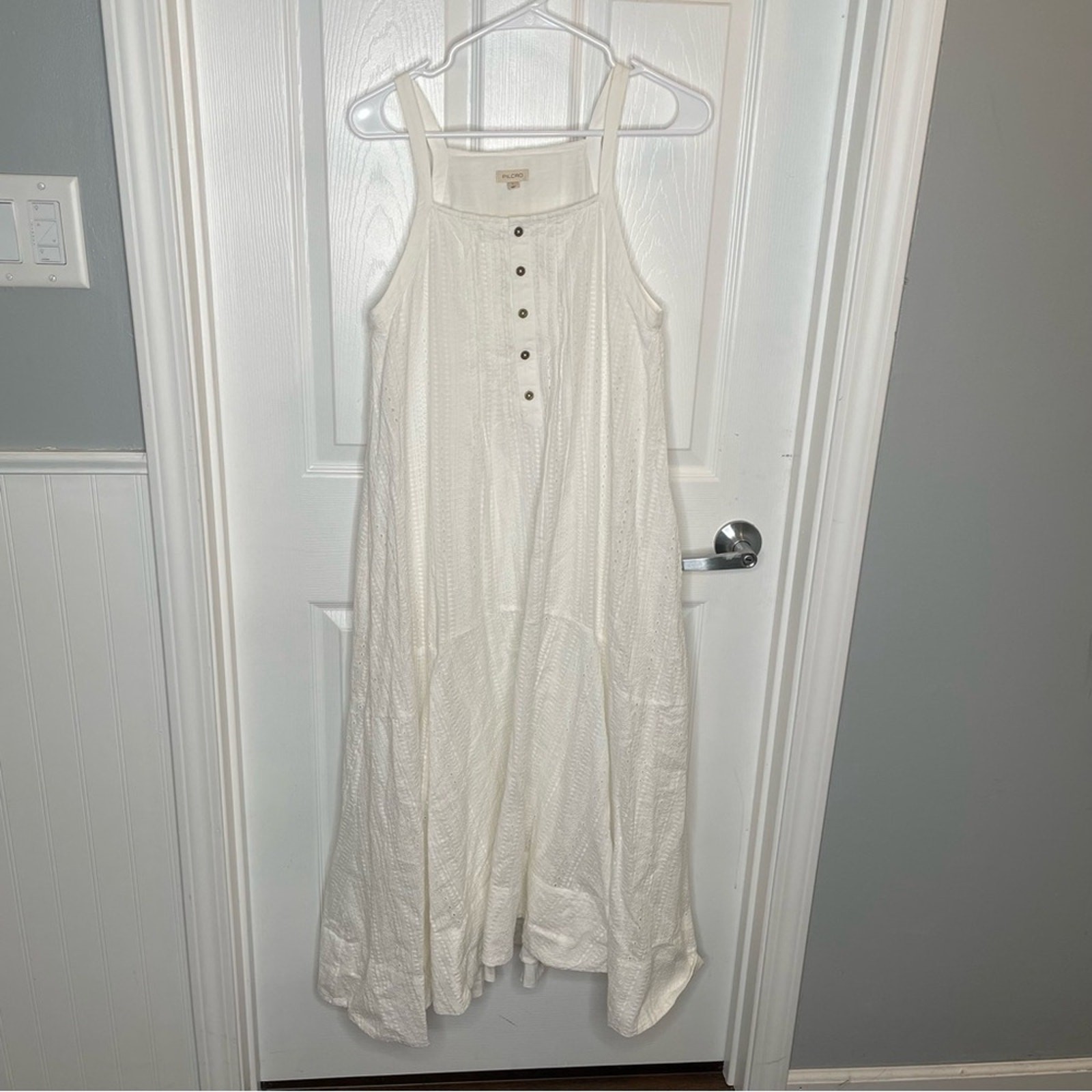 Pilcro Sleeveless Patchwork Midi Dress Eyelet Flowy Cottagecore in Ivory/White S