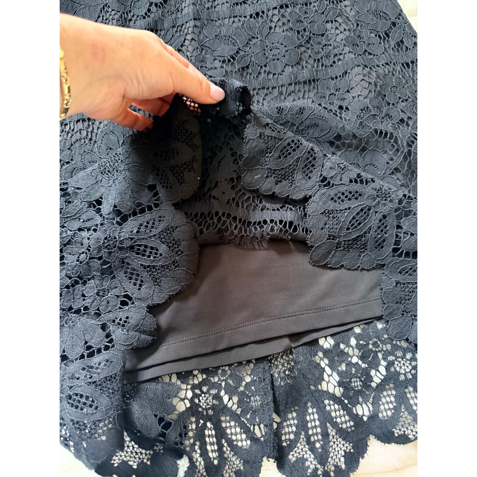 For Love & Lemons GUC Black Lace Noir Mini Dress L Nude Mesh Cutout Long Sleeve