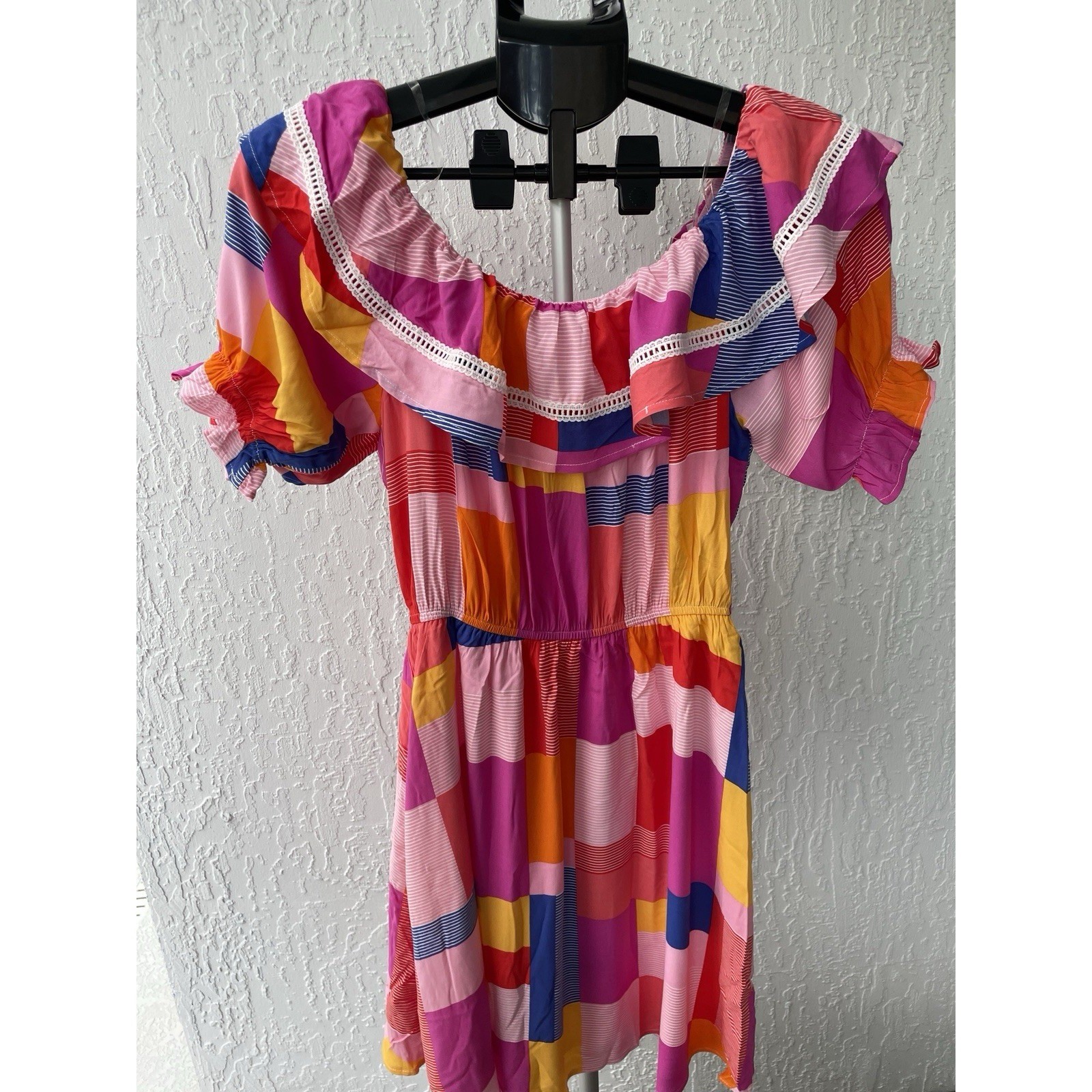 Emily Wonder Womens Multicolor Patchwork Off Shoulder Ruffle Mini Dress NWT M