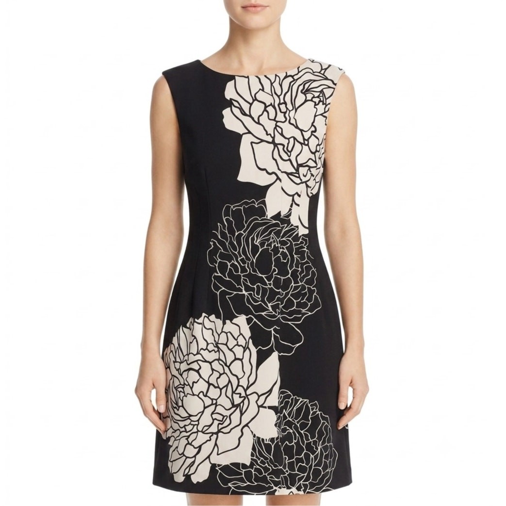 Vince Camuto Black and White Floral Mini Dress boat neck size 6 office cocktail