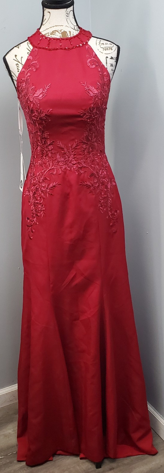 Prom Formal Maxi Dress Womens 2 Red Embroidery Sequin Beaded Lace Up Back EUC