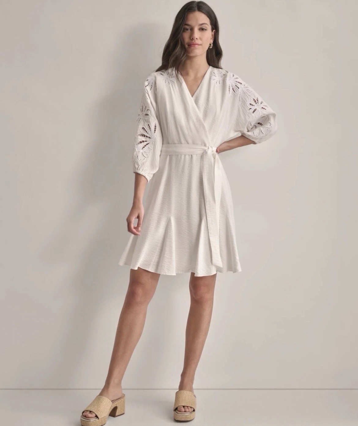 DKNY Women’s V-neck Embroidered-trim Belted Dress – White – 4