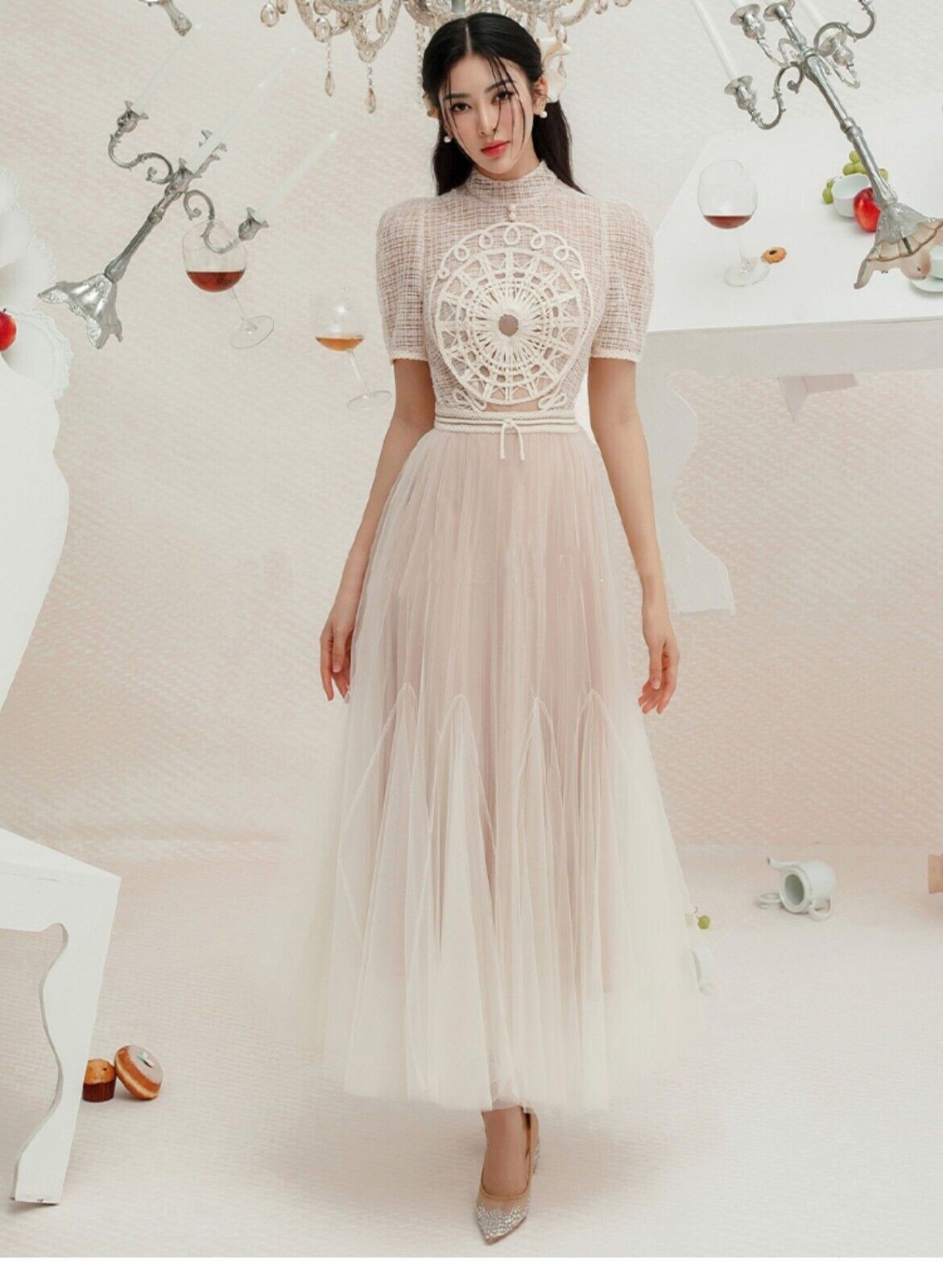 Ladies Maxi Embroidered Collared Cap Sleeve Pleated A-Line Dress