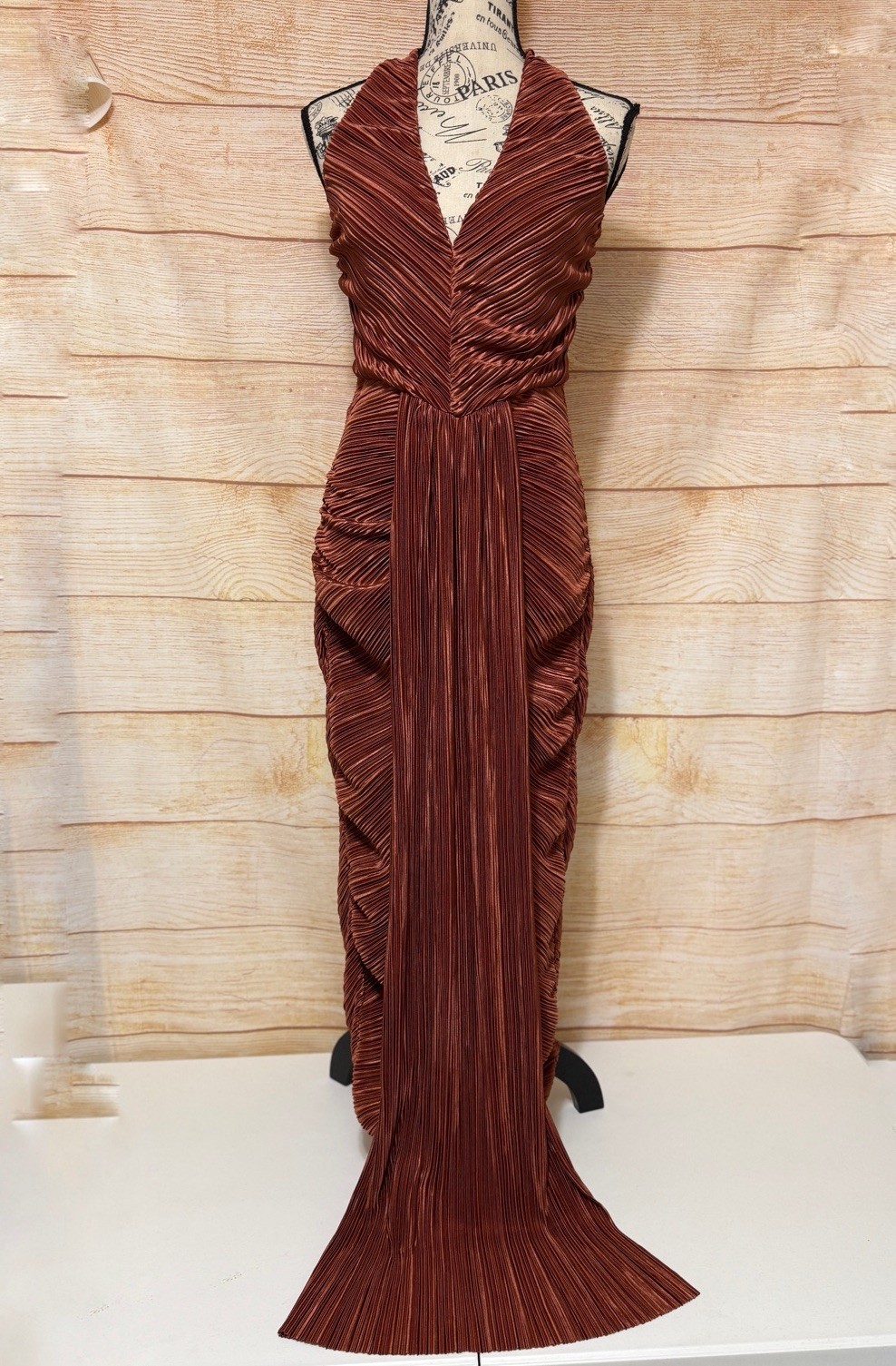 FASHION NOVa “My Moment Pleated” Sleeveless Bronze Maxi Dress Size Small