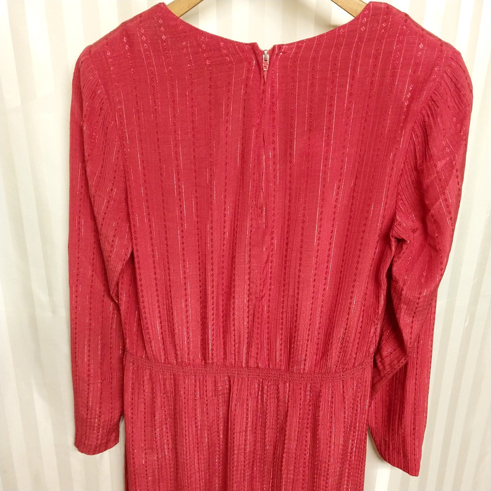 Vintage 1980s Red Plum Stripe Embroidered Midi Secretary Dress V Neck Size Small